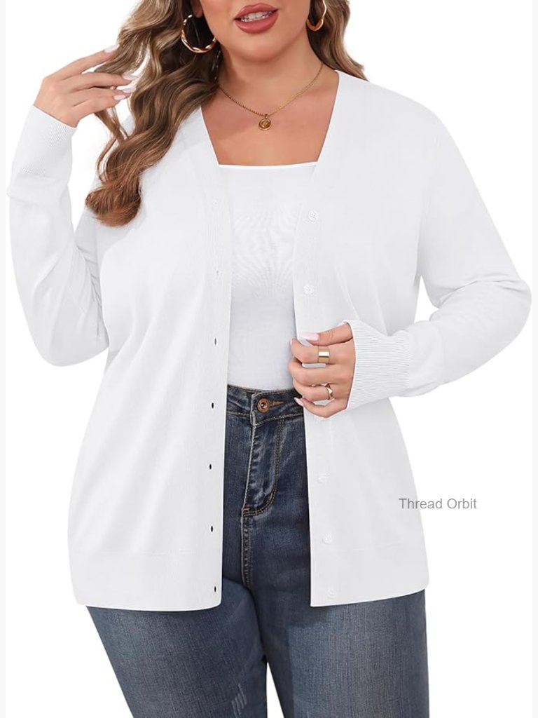 Plus Size Cardigan Open Front Long Sleeve V Neck Lightweight Sweaters Xl-4xl